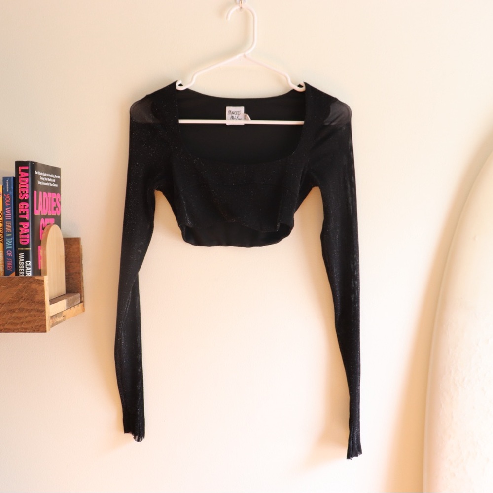 Princess Polly black mesh sparkle long sleeve crop top